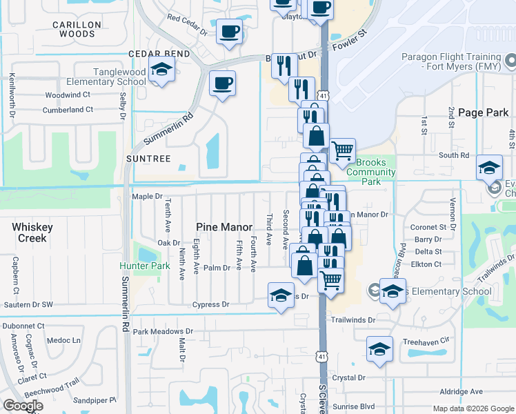 map of restaurants, bars, coffee shops, grocery stores, and more near 5433/35 Fourth Avenue in Fort Myers