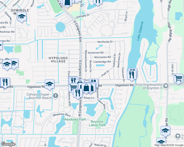 map of restaurants, bars, coffee shops, grocery stores, and more near 6900 Boston Drive in Lake Worth