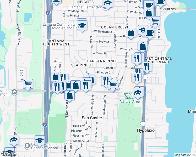 map of restaurants, bars, coffee shops, grocery stores, and more near 1124 Julia Heights Drive in Lantana