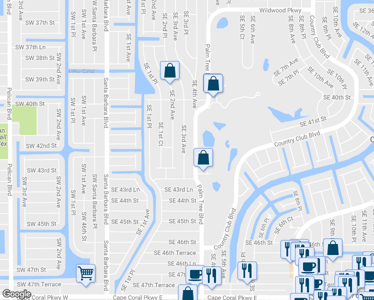 map of restaurants, bars, coffee shops, grocery stores, and more near 4203 Southeast 3rd Avenue in Cape Coral