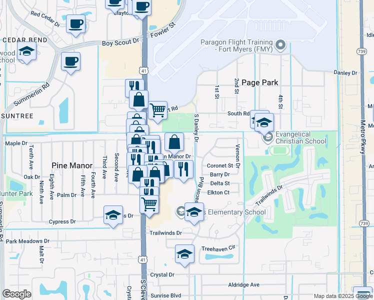 map of restaurants, bars, coffee shops, grocery stores, and more near 2063 Beacon Manor Drive in Fort Myers