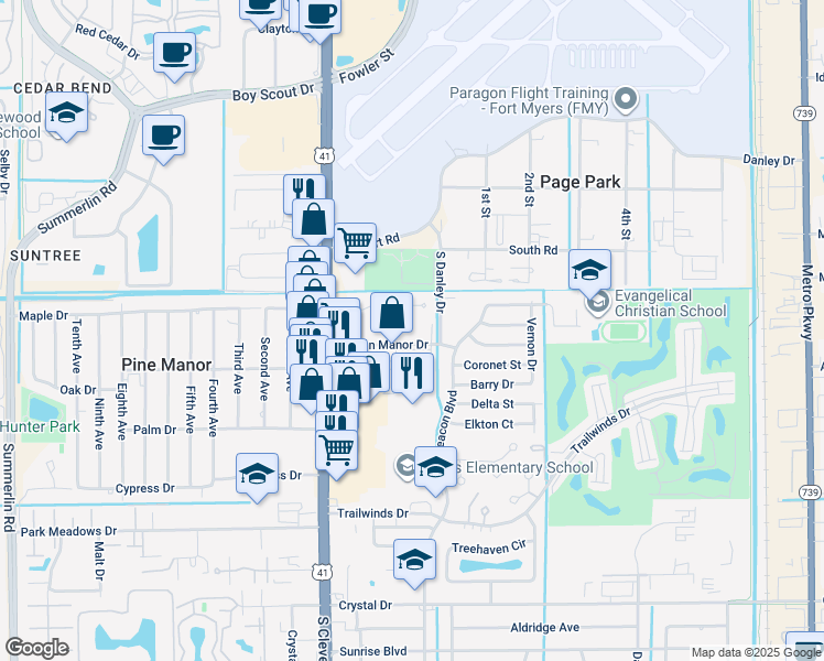 map of restaurants, bars, coffee shops, grocery stores, and more near 2063 Beacon Manor Drive in Fort Myers