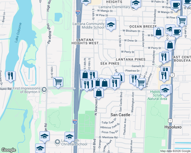 map of restaurants, bars, coffee shops, grocery stores, and more near 1300 South 14th Street in Lantana