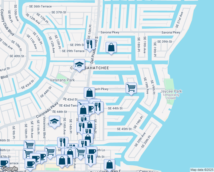 map of restaurants, bars, coffee shops, grocery stores, and more near 1713 Beach Parkway in Cape Coral