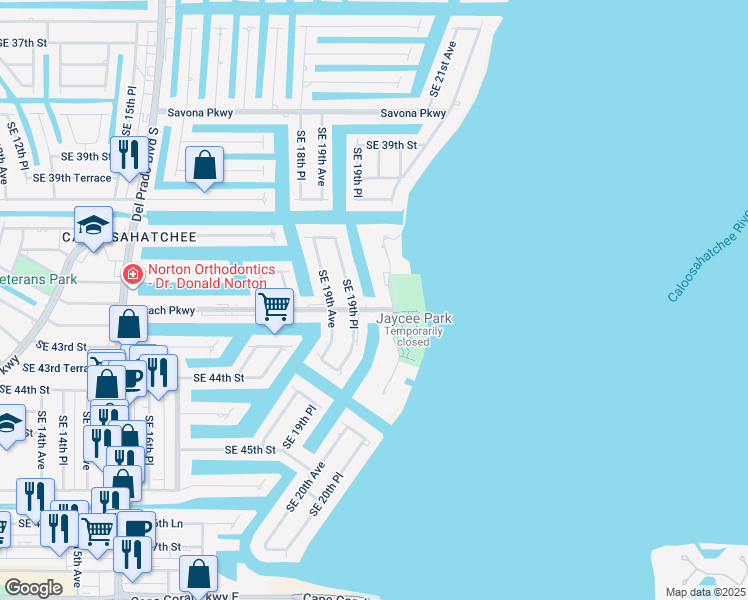 map of restaurants, bars, coffee shops, grocery stores, and more near 1933 Beach Parkway in Cape Coral
