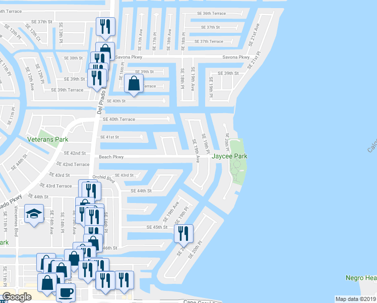 map of restaurants, bars, coffee shops, grocery stores, and more near 1823 Beach Parkway in Cape Coral
