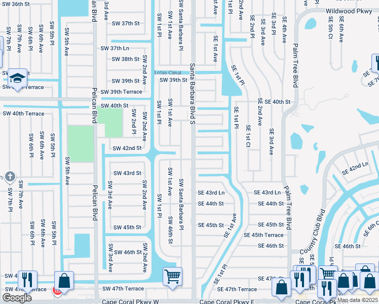 map of restaurants, bars, coffee shops, grocery stores, and more near 4215 Southwest Santa Barbara Place in Cape Coral