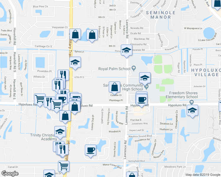 map of restaurants, bars, coffee shops, grocery stores, and more near 6888 Spider Lily Lane in Lake Worth
