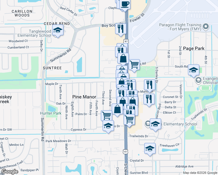 map of restaurants, bars, coffee shops, grocery stores, and more near 5430 Second Avenue in Fort Myers