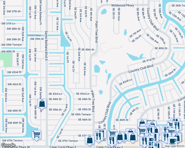 map of restaurants, bars, coffee shops, grocery stores, and more near 401 Southeast 42nd Terrace in Cape Coral