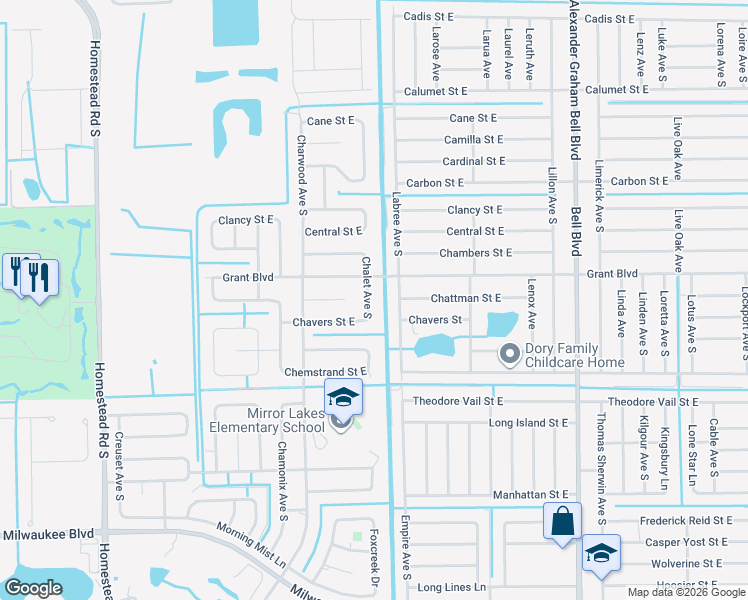 map of restaurants, bars, coffee shops, grocery stores, and more near 411 Chalet Avenue South in Lehigh Acres