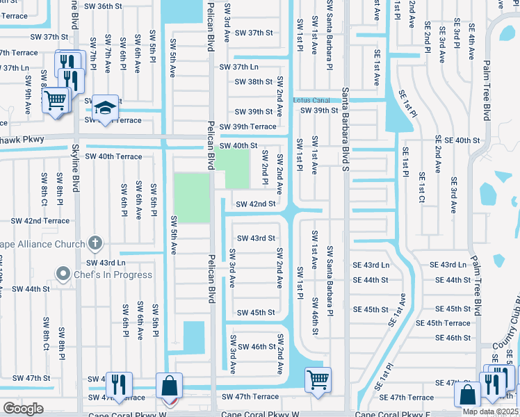 map of restaurants, bars, coffee shops, grocery stores, and more near 222 Southwest 42nd Street in Cape Coral