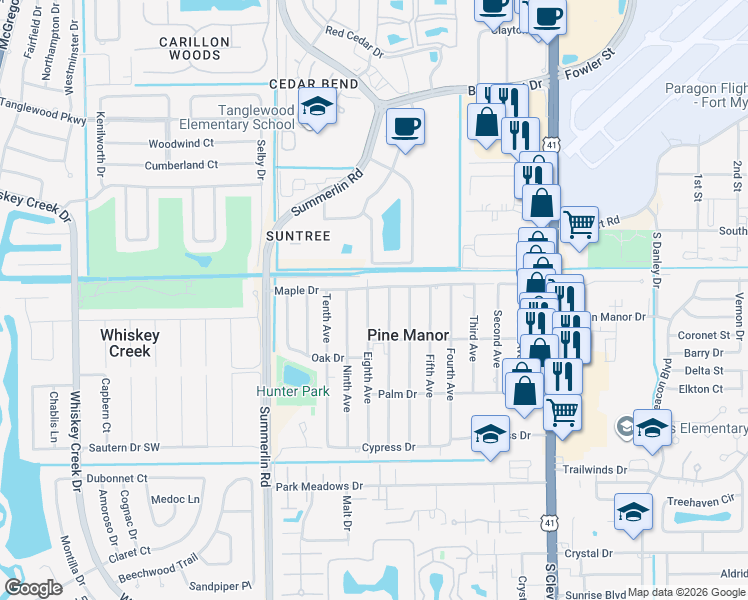 map of restaurants, bars, coffee shops, grocery stores, and more near 5424 Seventh Avenue in Fort Myers