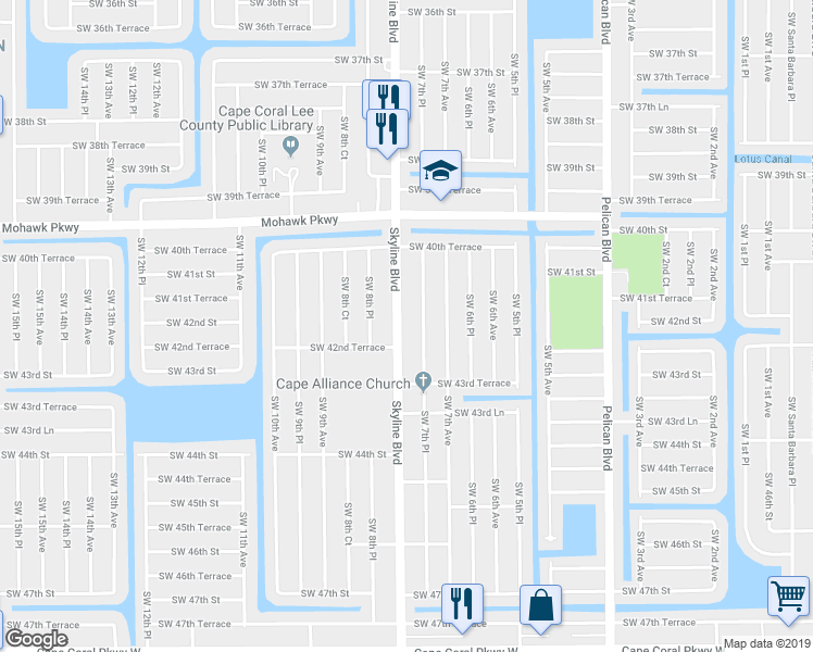 map of restaurants, bars, coffee shops, grocery stores, and more near 4140 Southwest 7th Place in Cape Coral