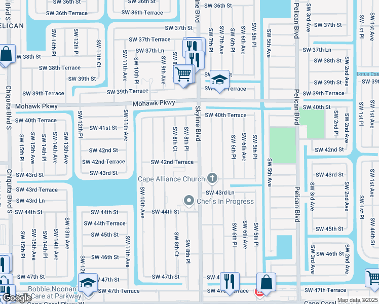 map of restaurants, bars, coffee shops, grocery stores, and more near 4139 Southwest 8th Place in Cape Coral