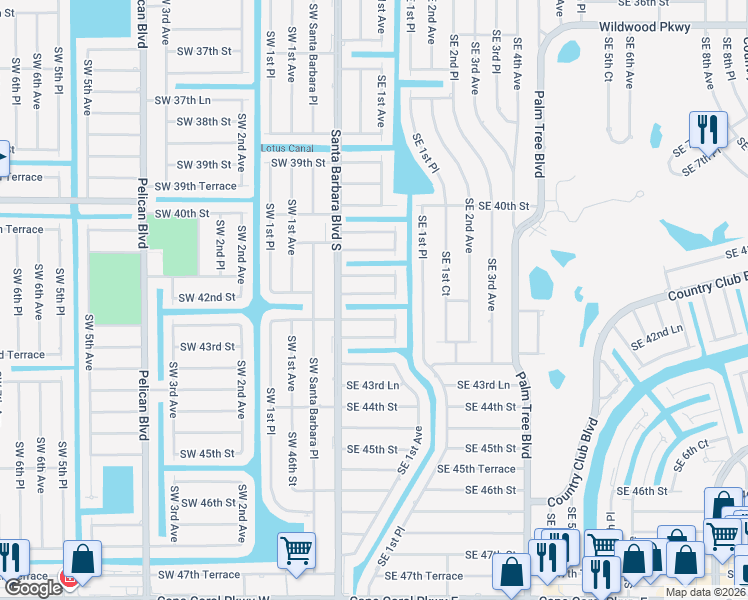 map of restaurants, bars, coffee shops, grocery stores, and more near 122 Southeast 42nd Street in Cape Coral