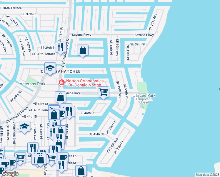 map of restaurants, bars, coffee shops, grocery stores, and more near 1823 Beach Parkway in Cape Coral
