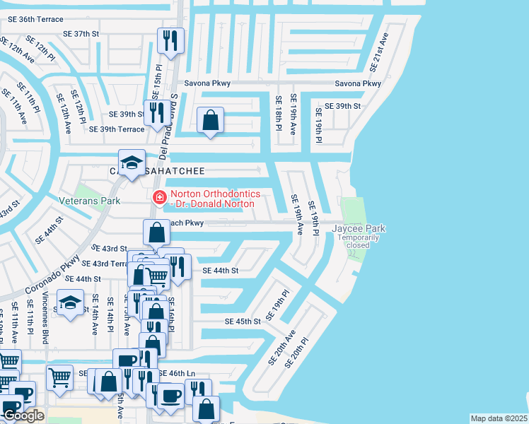map of restaurants, bars, coffee shops, grocery stores, and more near 1755 Beach Parkway in Cape Coral