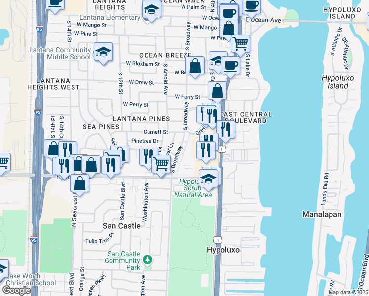 map of restaurants, bars, coffee shops, grocery stores, and more near 1200 South Broadway in Lantana