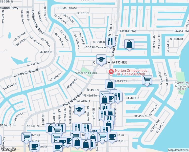 map of restaurants, bars, coffee shops, grocery stores, and more near 4201 Coronado Parkway in Cape Coral