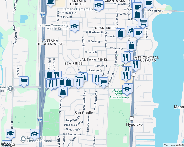 map of restaurants, bars, coffee shops, grocery stores, and more near 1124 Julia Heights Drive in Lantana