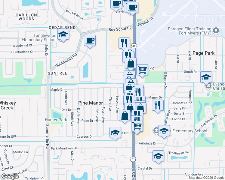 map of restaurants, bars, coffee shops, grocery stores, and more near 5430 Second Avenue in Fort Myers