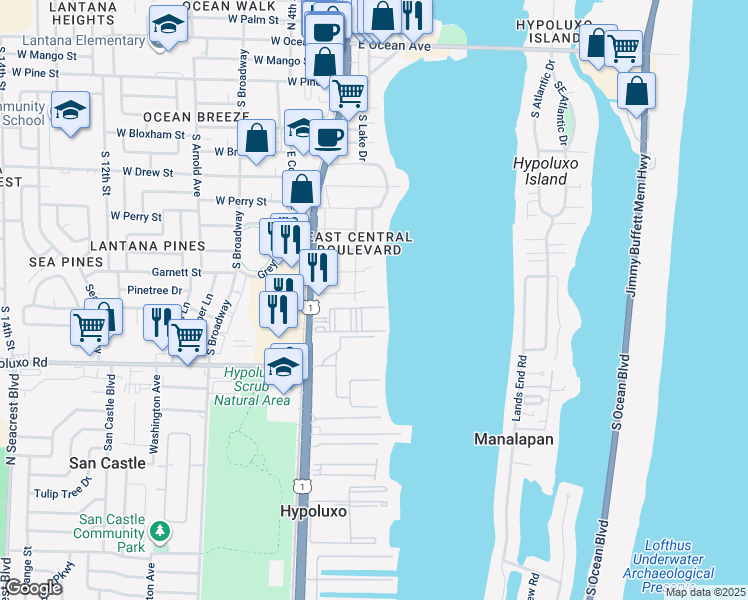 map of restaurants, bars, coffee shops, grocery stores, and more near 1206 South Lake Drive in Lantana