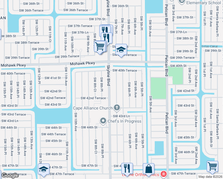 map of restaurants, bars, coffee shops, grocery stores, and more near 4140 Southwest 7th Place in Cape Coral