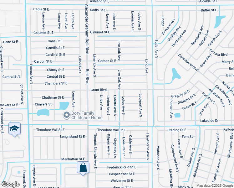 map of restaurants, bars, coffee shops, grocery stores, and more near 439 Loretta Avenue South in Lehigh Acres