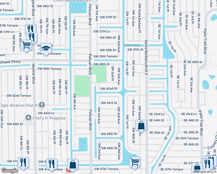 map of restaurants, bars, coffee shops, grocery stores, and more near 227 Southwest 42nd Street in Cape Coral