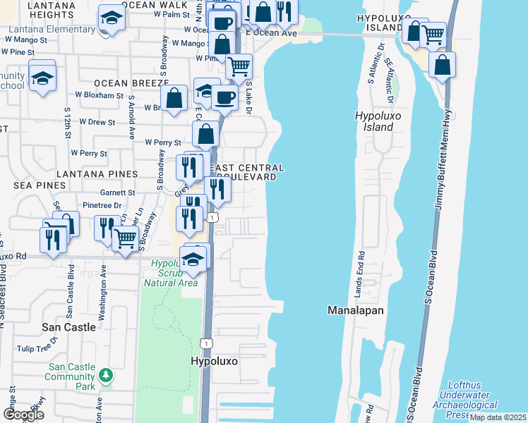 map of restaurants, bars, coffee shops, grocery stores, and more near 1402 South Dixie Highway in Lantana