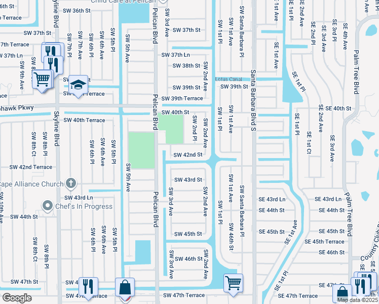 map of restaurants, bars, coffee shops, grocery stores, and more near 222 Southwest 42nd Street in Cape Coral