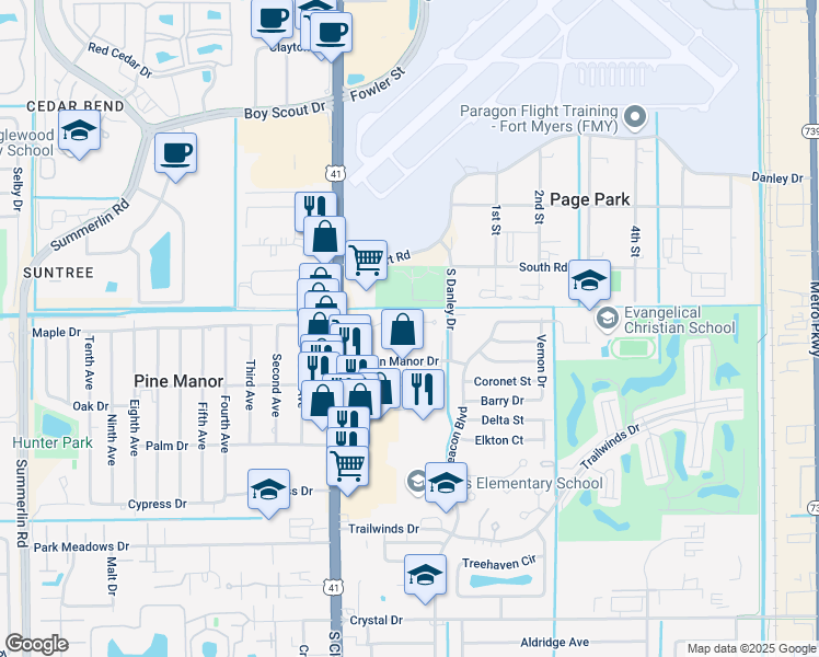 map of restaurants, bars, coffee shops, grocery stores, and more near 2074 Flowers Drive in Fort Myers