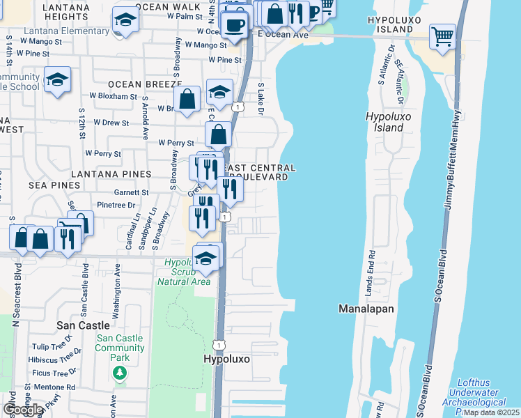 map of restaurants, bars, coffee shops, grocery stores, and more near 1404 South Dixie Highway in Lantana