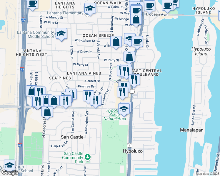 map of restaurants, bars, coffee shops, grocery stores, and more near 1200 South Broadway in Lantana