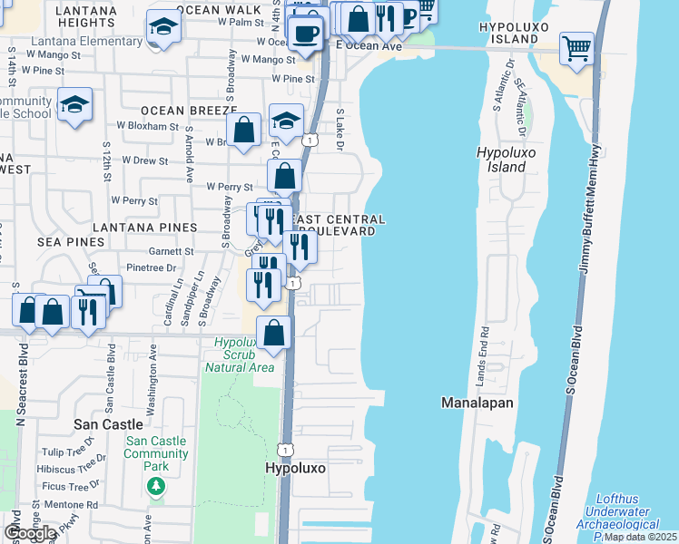map of restaurants, bars, coffee shops, grocery stores, and more near 1204 South Lake Drive in Lantana