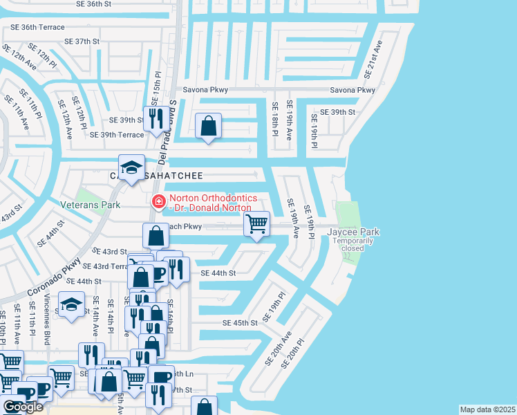 map of restaurants, bars, coffee shops, grocery stores, and more near 1755 Beach Parkway in Cape Coral