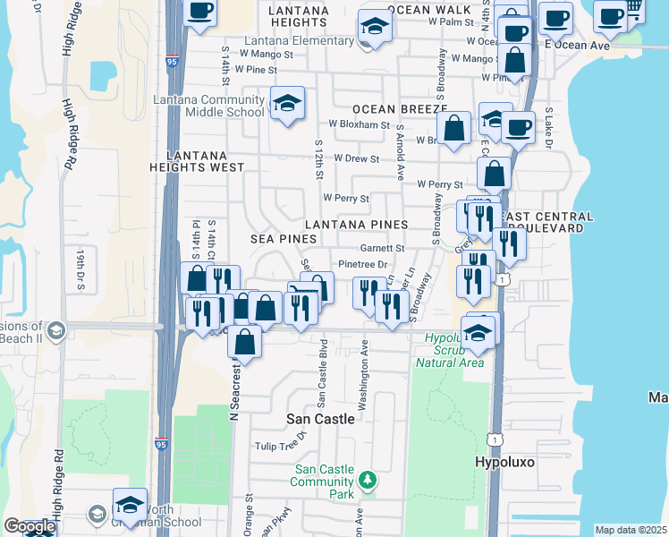 map of restaurants, bars, coffee shops, grocery stores, and more near 1142 Pinetree Drive in Lantana