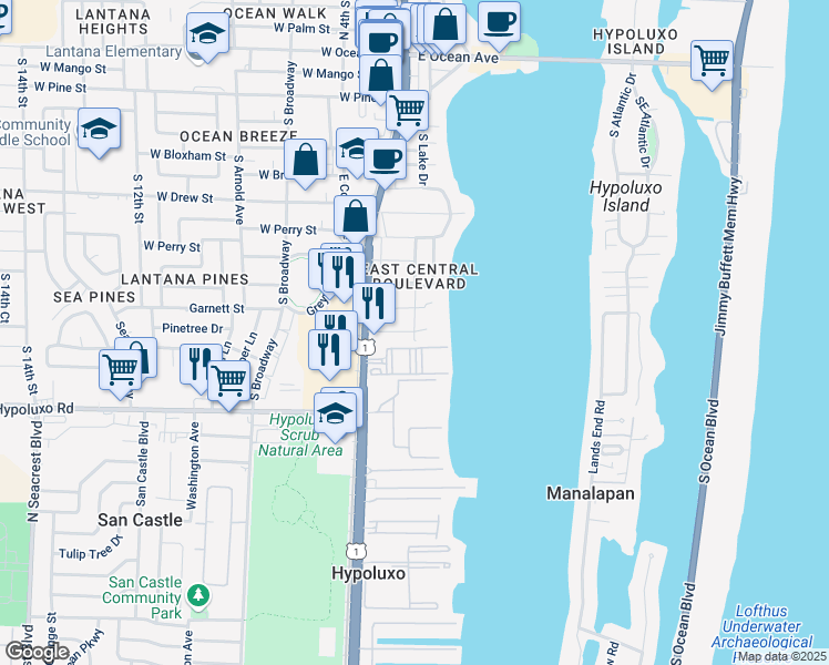 map of restaurants, bars, coffee shops, grocery stores, and more near 130 East Hart Street in Lantana