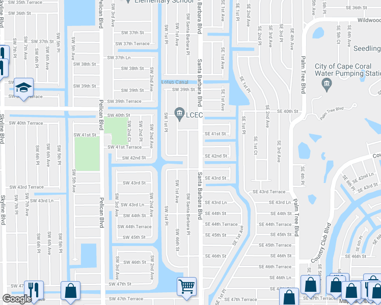 map of restaurants, bars, coffee shops, grocery stores, and more near 4119 Southwest Santa Barbara Place in Cape Coral