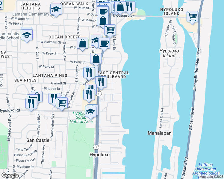 map of restaurants, bars, coffee shops, grocery stores, and more near 130 East Hart Street in Lantana