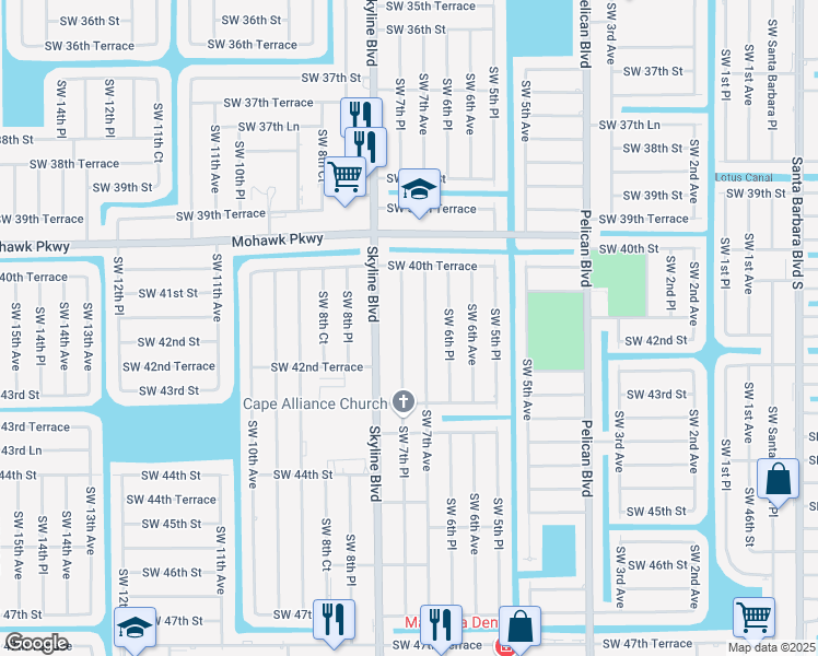 map of restaurants, bars, coffee shops, grocery stores, and more near 4125 Southwest 7th Place in Cape Coral