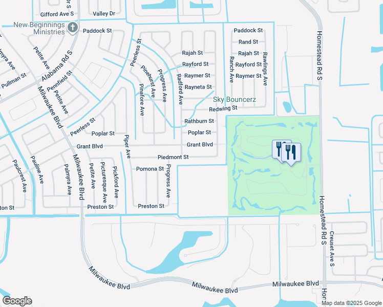 map of restaurants, bars, coffee shops, grocery stores, and more near 520 Grant Boulevard in Lehigh Acres
