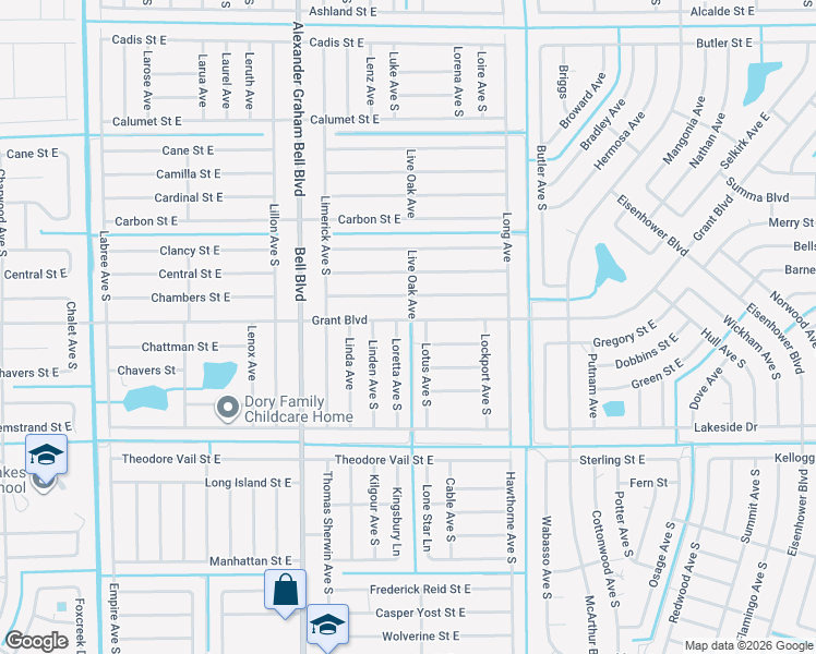 map of restaurants, bars, coffee shops, grocery stores, and more near 846 Grant Boulevard in Lehigh Acres