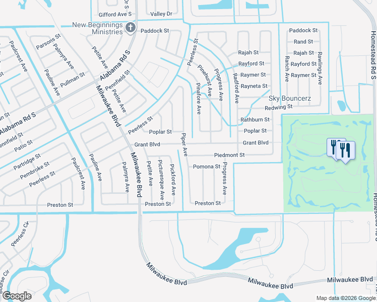 map of restaurants, bars, coffee shops, grocery stores, and more near 369 Grant Boulevard in Lehigh Acres
