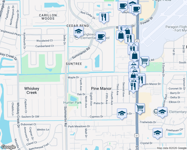 map of restaurants, bars, coffee shops, grocery stores, and more near 802 Summerlin Commons Way in Fort Myers