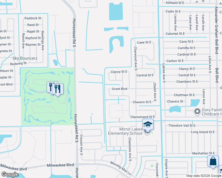 map of restaurants, bars, coffee shops, grocery stores, and more near Grant Boulevard in Lehigh Acres