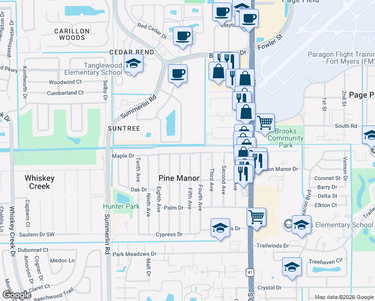 map of restaurants, bars, coffee shops, grocery stores, and more near 1741 Maple Drive in Fort Myers