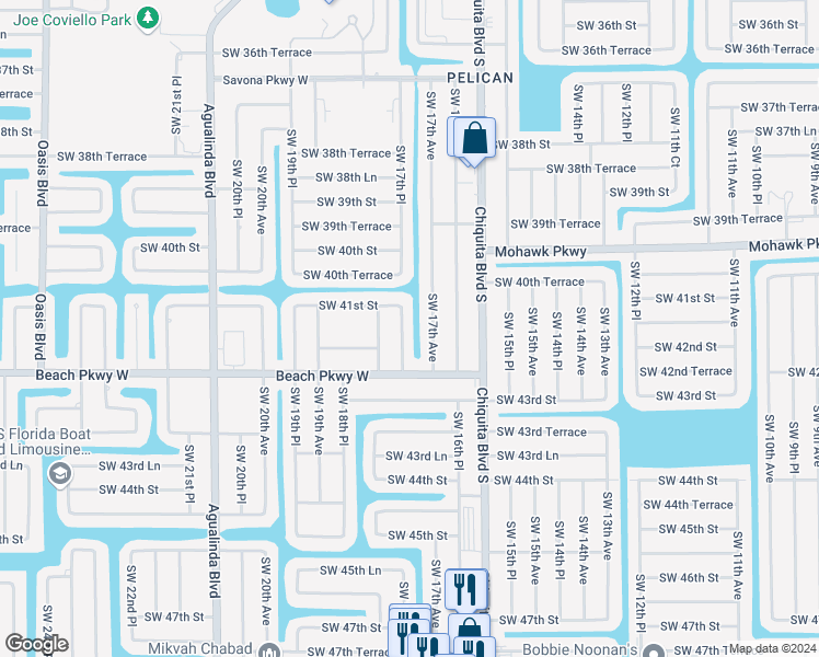 map of restaurants, bars, coffee shops, grocery stores, and more near 4119 Southwest 17th Place in Cape Coral