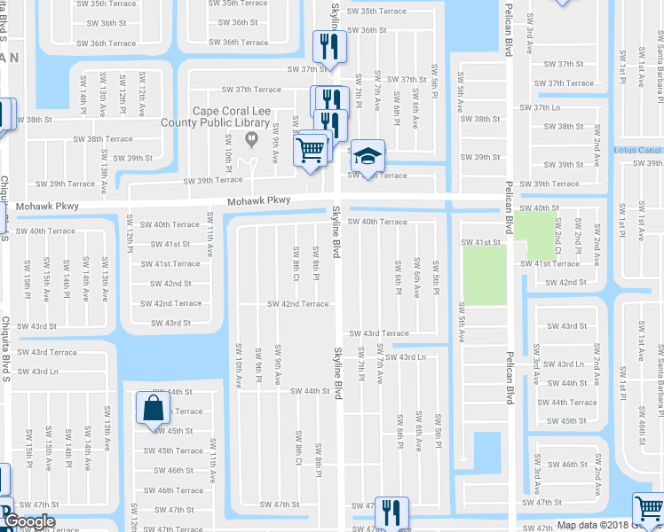 map of restaurants, bars, coffee shops, grocery stores, and more near 4113 Southwest 8th Place in Cape Coral